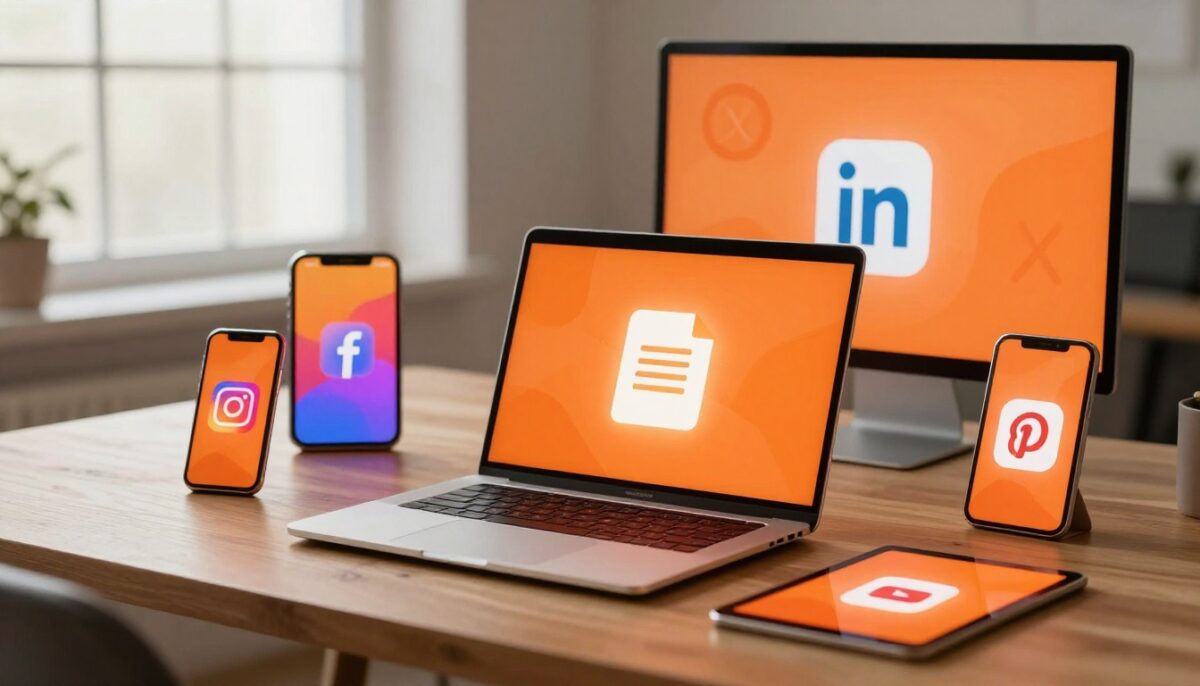 Laptop, phone, tablet, and monitor display colorful social-media graphics around a glowing document.
