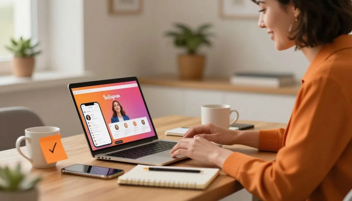 Blogger using Instagram on a laptop beside a phone and desk accessories.