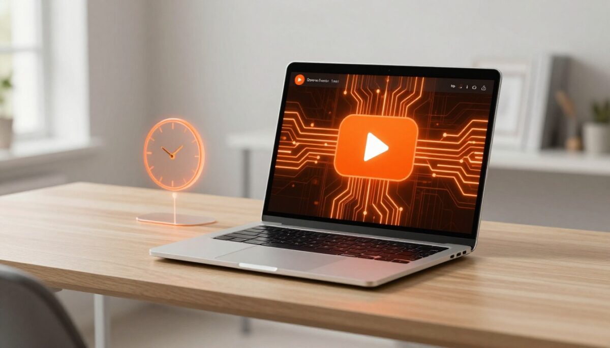 Laptop showing a YouTube video timeline with orange chapter highlights and a floating clock icon.