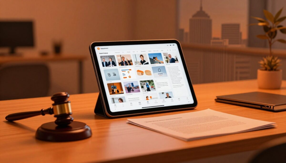 Instagram Strategy Settlement A tablet with social media posts beside a gavel and open contract folder.