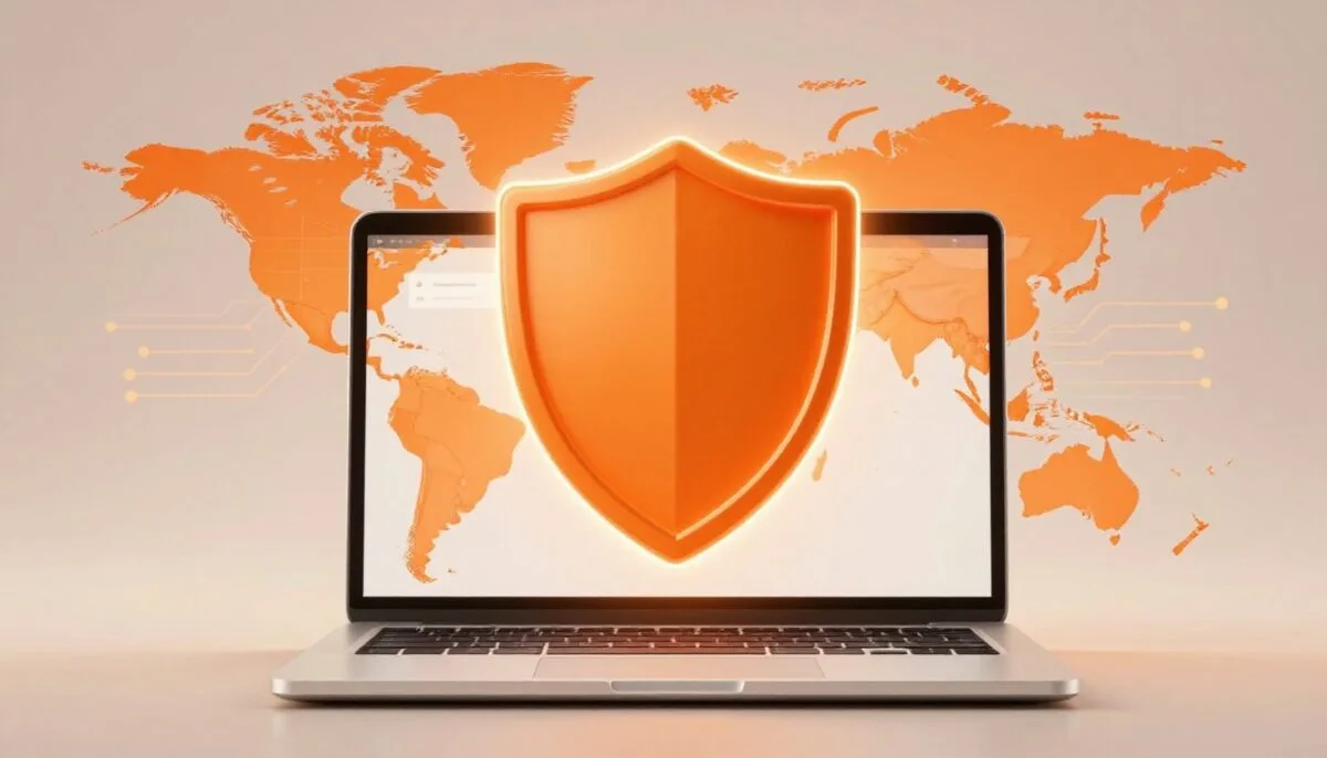 Laptop showing WordPress security software with an orange shield and global map.