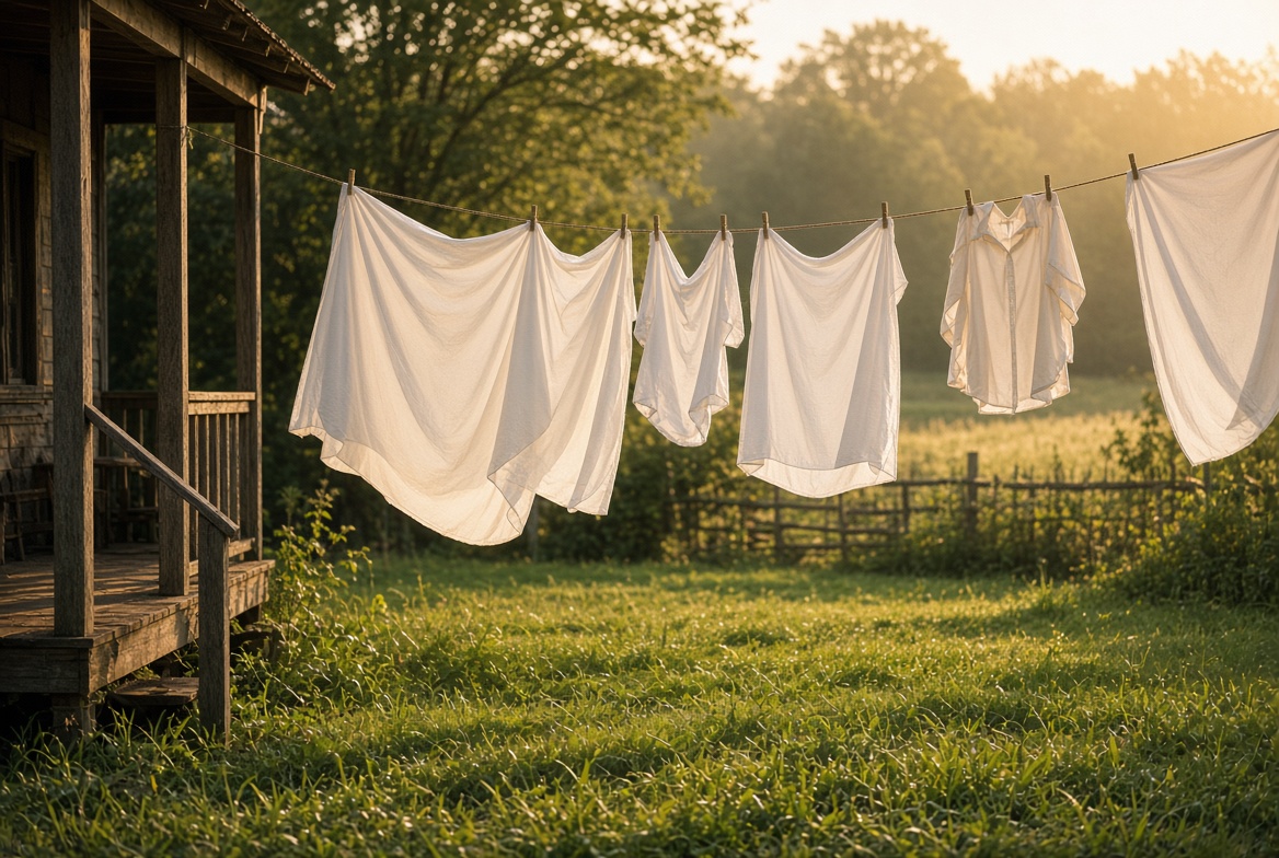 Clothes hanging on a backyard clothesline on a warm August morning