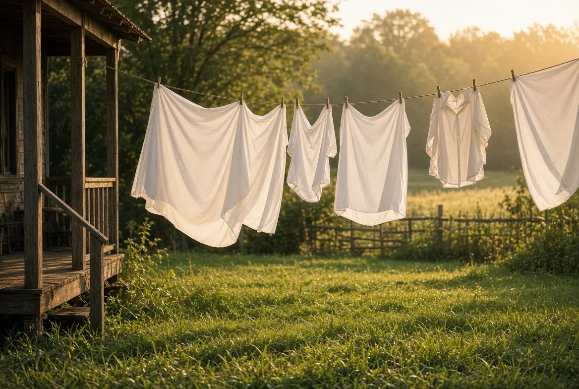 Clothes hanging on a backyard clothesline on a warm August morning