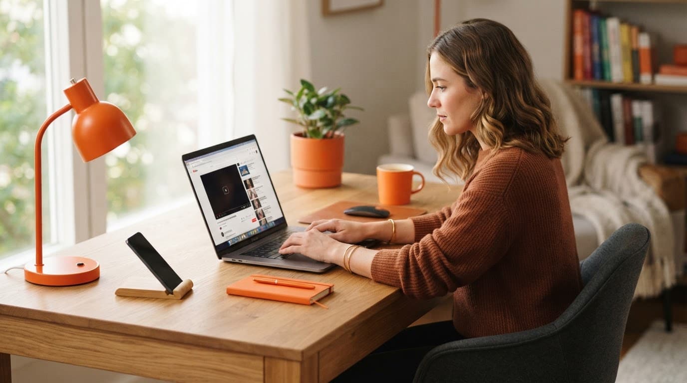Person using a laptop at a wooden desk with bright orange accessories.