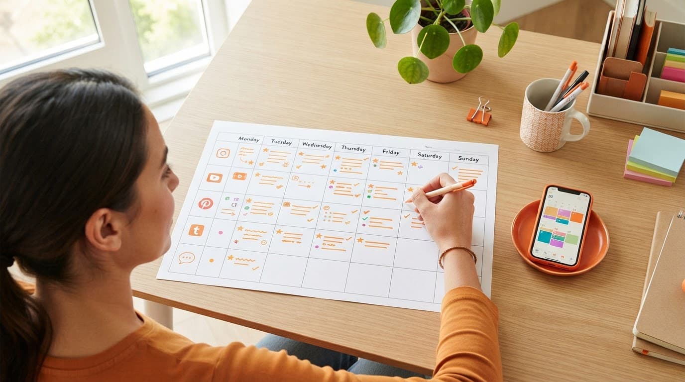 A desk with a paper calendar planner, smartphone, and orange accents in bright natural light.