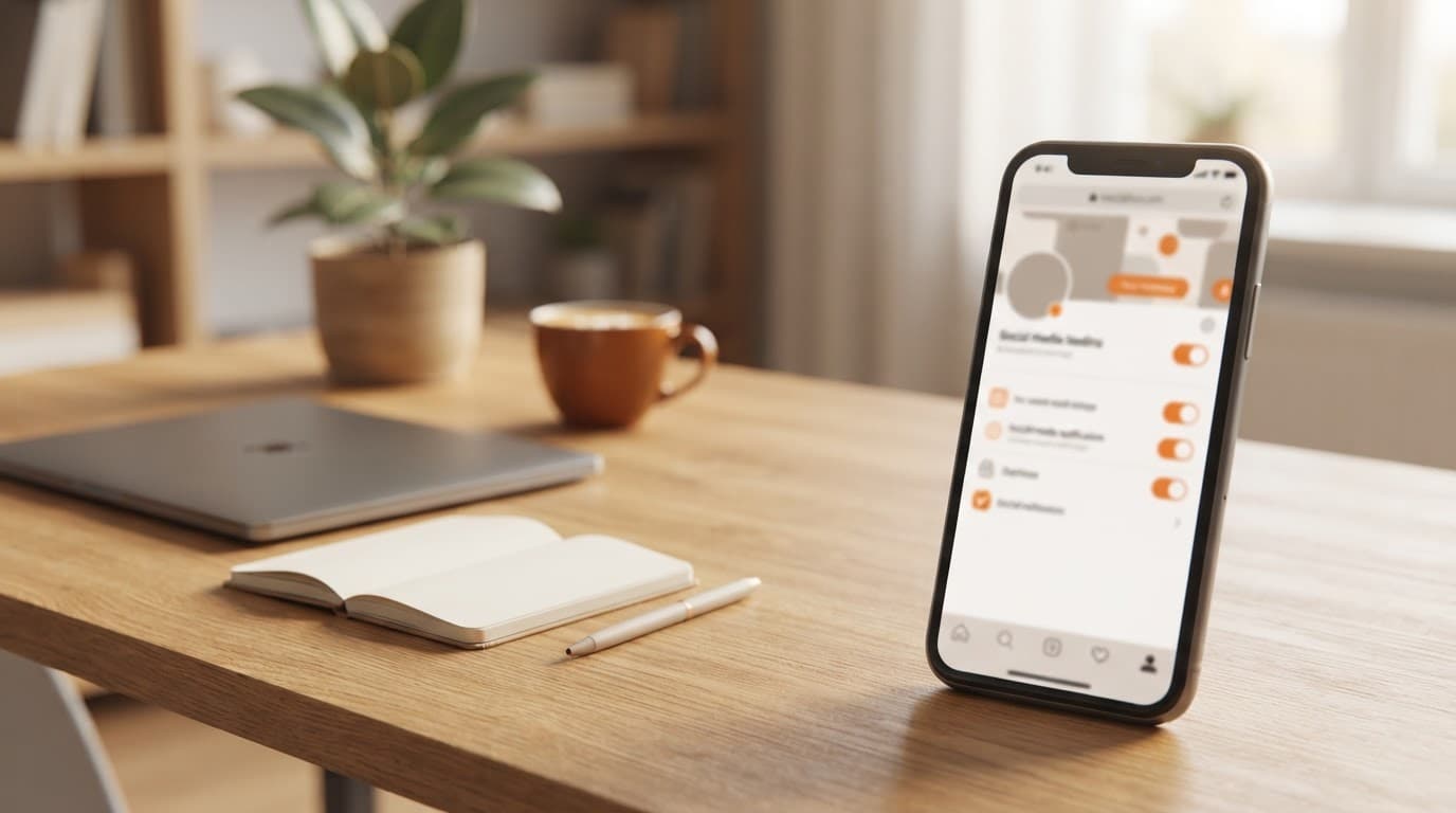 A smartphone with blurred notification controls beside a notebook on a warm home office desk.