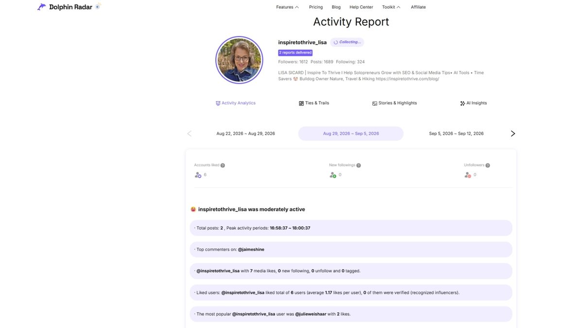 Dolphin Radar weekly report for a public Instagram account showing 2 posts, 7 media likes, 0 new followers, and 0 unfollowers.