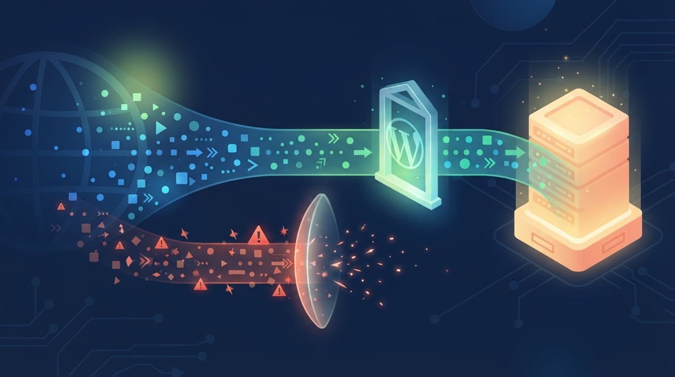 Data streams pass through a secure gateway while suspicious traffic is blocked.