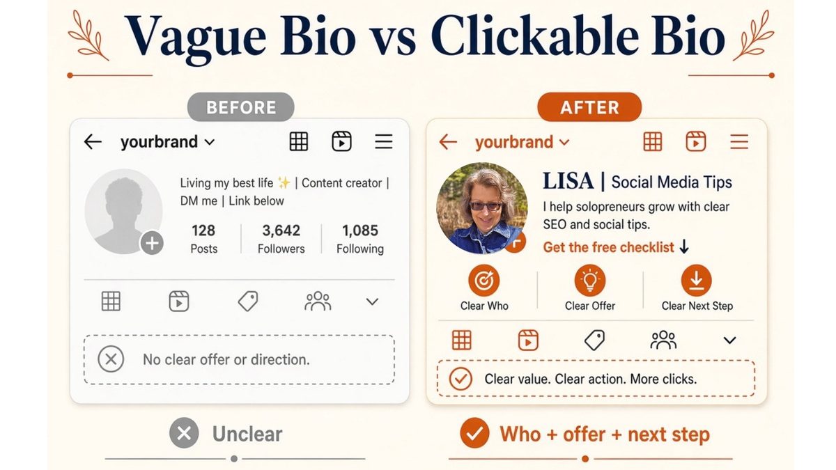 Before and after example of how to write an Instagram bio that gets clicks.