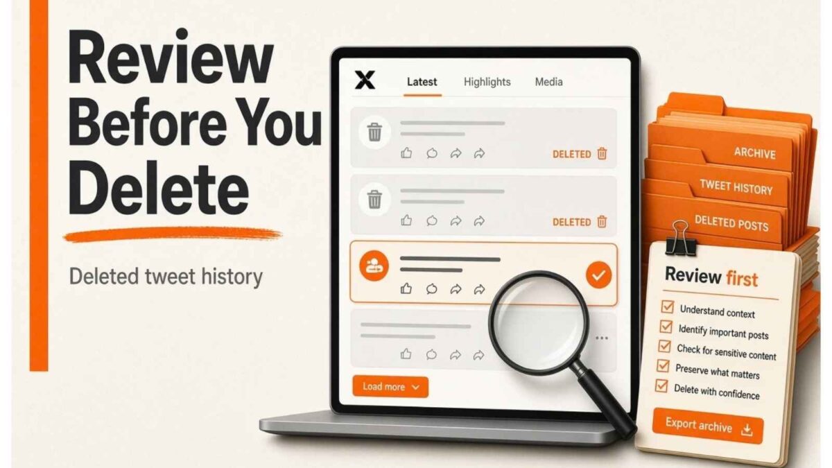 Review deleted tweet history before an X cleanup — laptop timeline, archive folders, and a review-first checklist in Inspire To Thrive orange.