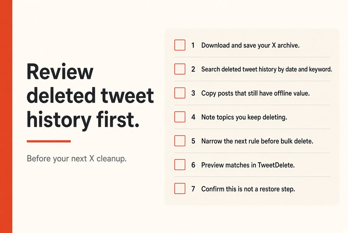 Seven-step checklist to review deleted tweet history before an X cleanup.