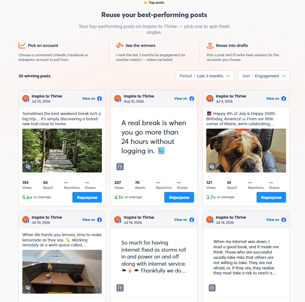 Agorapulse Archie AI tutorial with a sample top posts in Agorapulse for Inspire To Thrive FB page.