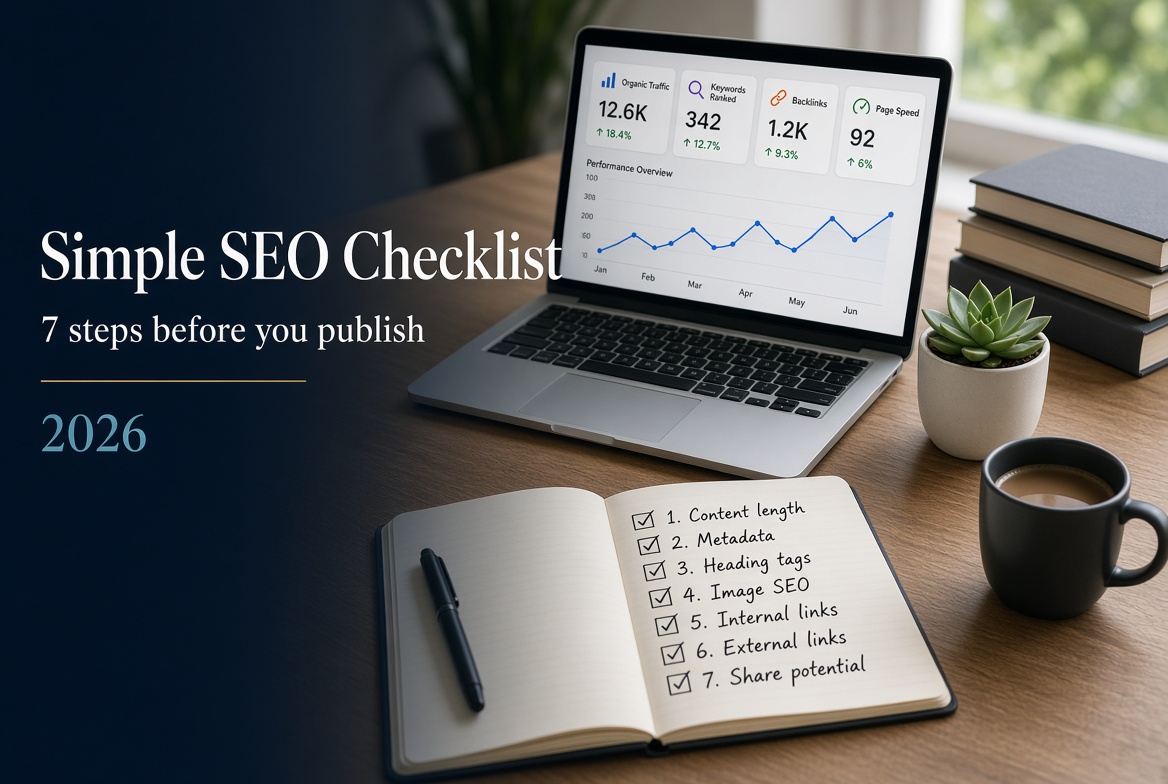 Simple 7-point SEO checklist for 2026: content length, metadata, headings, images, internal links, external links, and share potential before you publish.