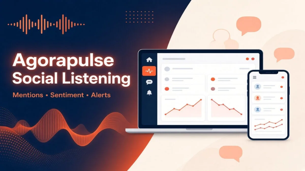 Agorapulse social listening dashboard with mention and sentiment charts.