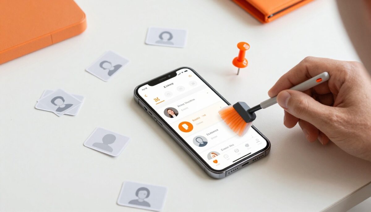 A phone, orange pushpin, and hand sweeping gray profile cards across a white desk.