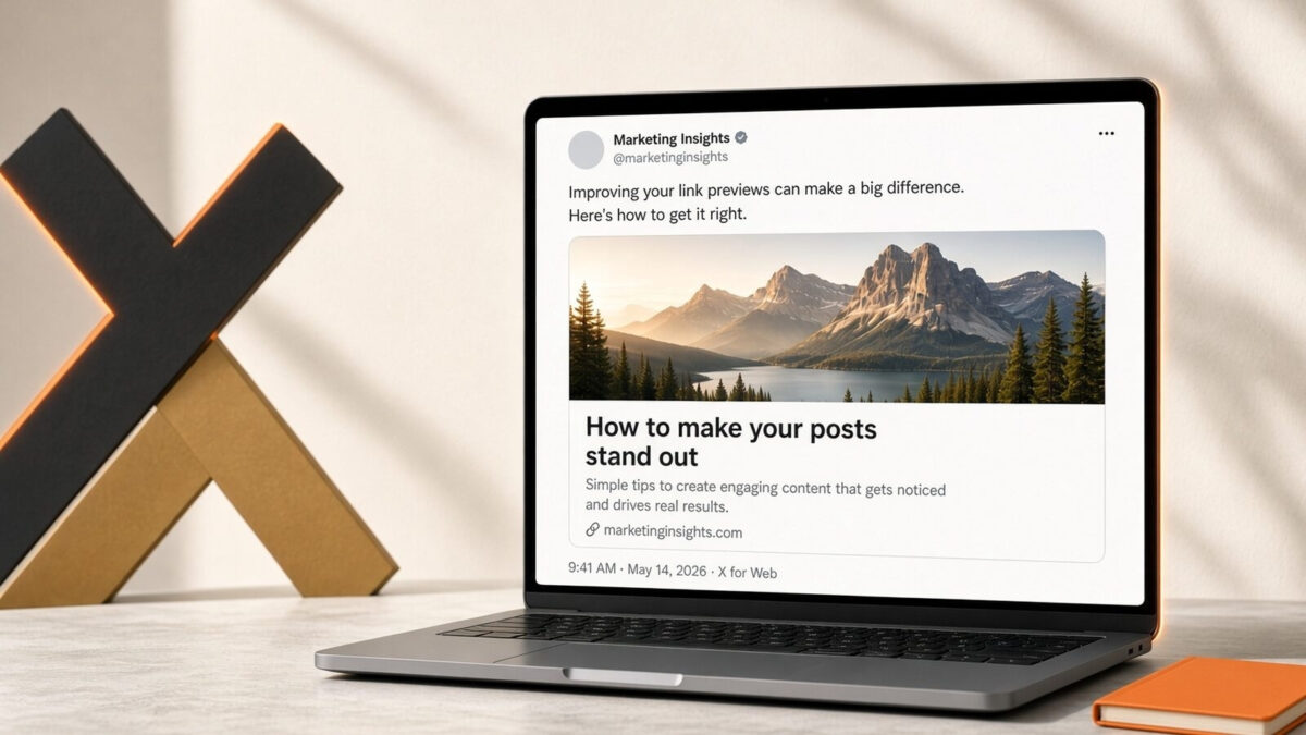 Laptop showing an X post with a large image preview Twitter card.