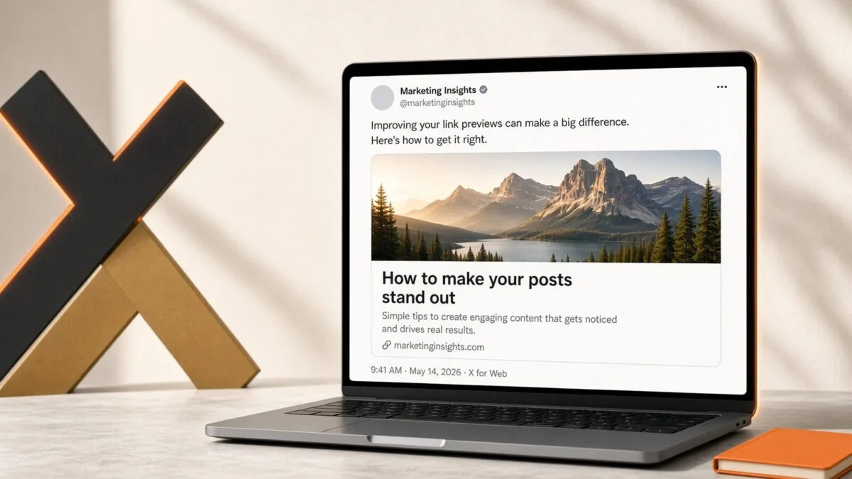 Laptop showing an X post with a large image preview Twitter card.