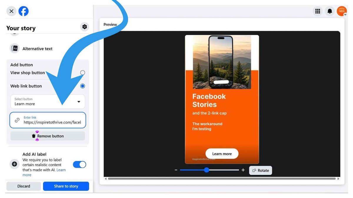 3 Where to add your link in Facebook stories on desktop