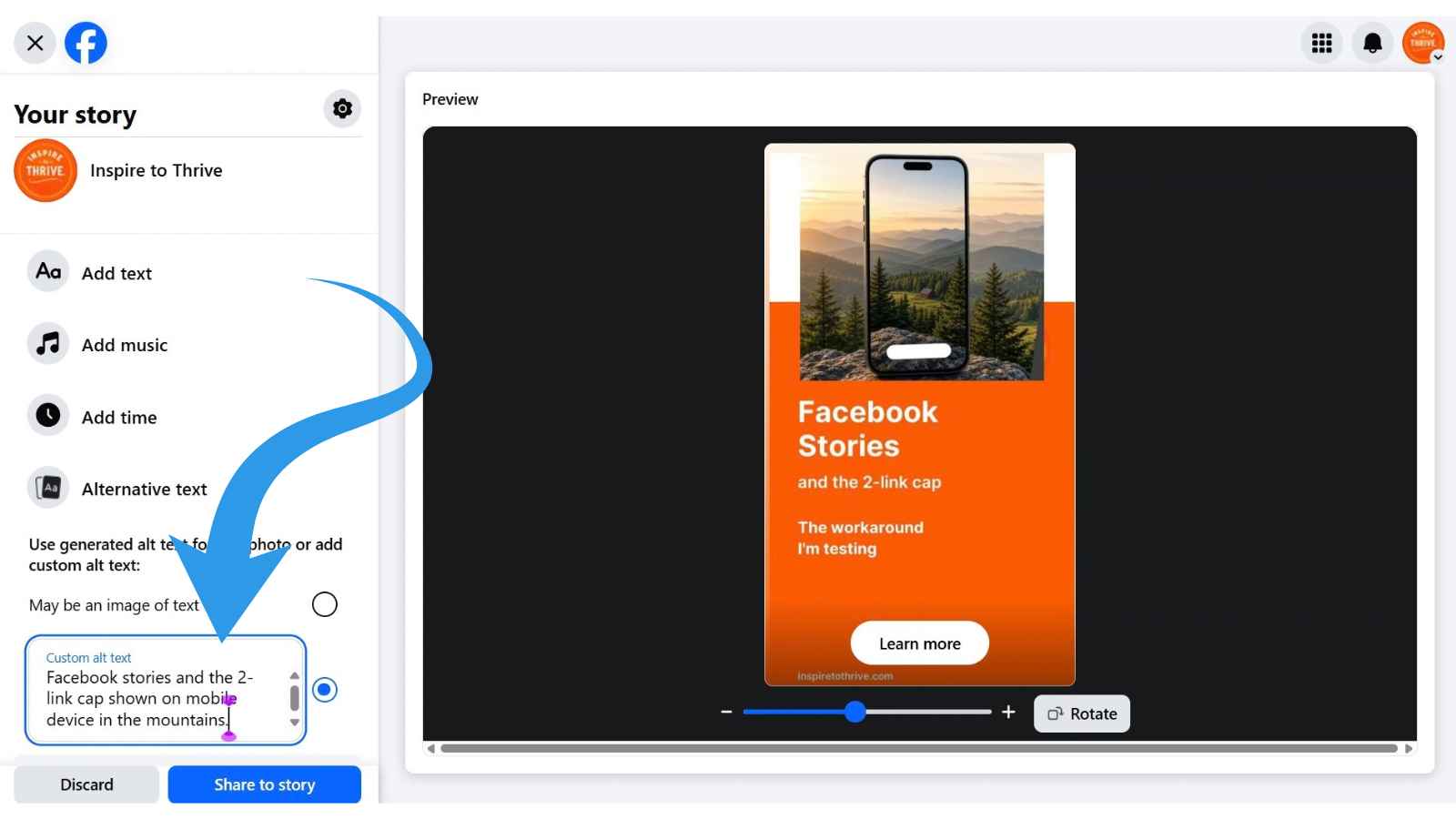 Don't forget to add your alt image text to your Facebook story