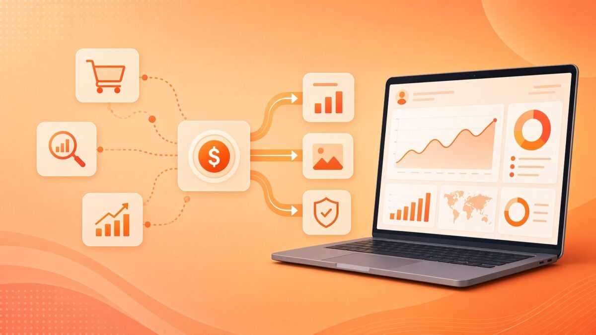 Laptop displaying analytics dashboard connected to icons for shopping, search, charts, and security, illustrating how money pages link to revenue opportunities.