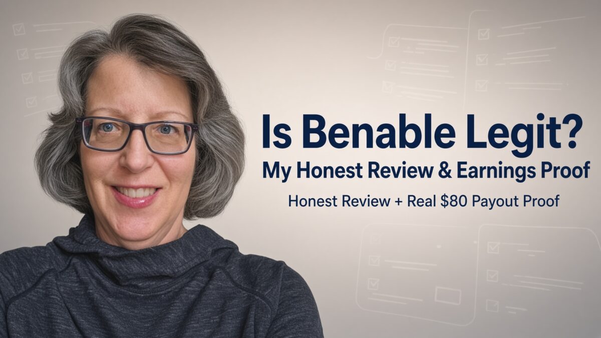 Lisa Sicard smiling next to the text “Is Benable Legit? My Honest Review & Earnings Proof” with a subtitle “Honest Review + Real $80 Payout Proof”