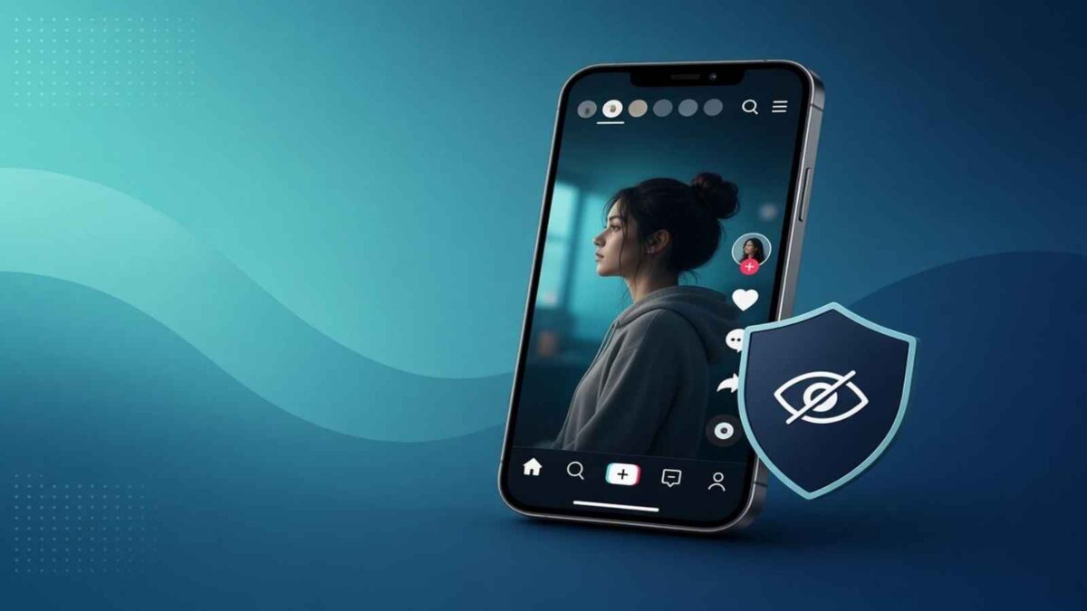 Smartphone showing TikTok app with privacy shield icon featuring an eye-off symbol