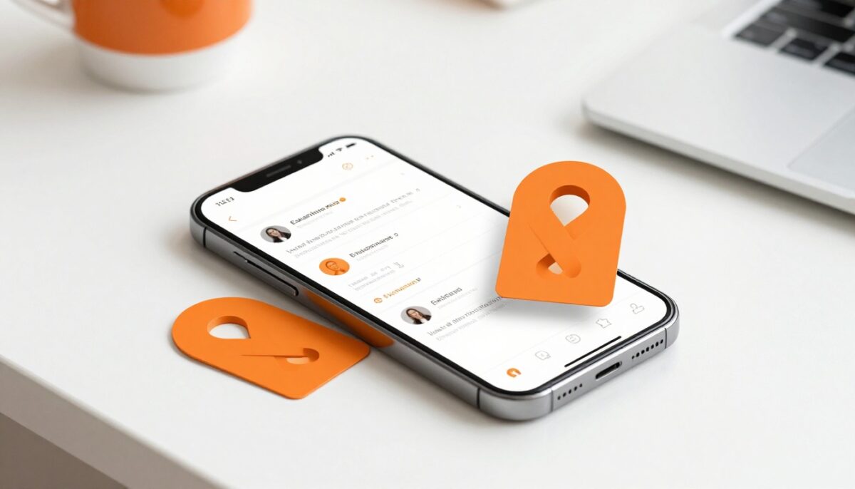 A phone with a social feed sits beside two orange link icons.