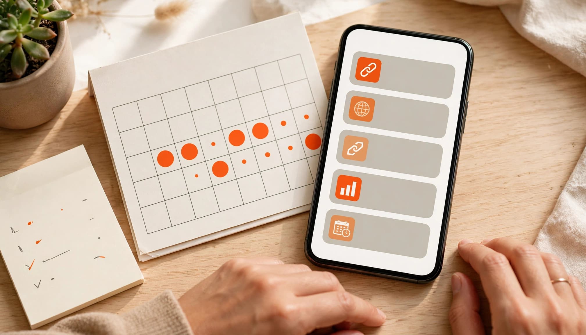 A phone with orange cards sits beside a marked calendar, notepad, and plant.